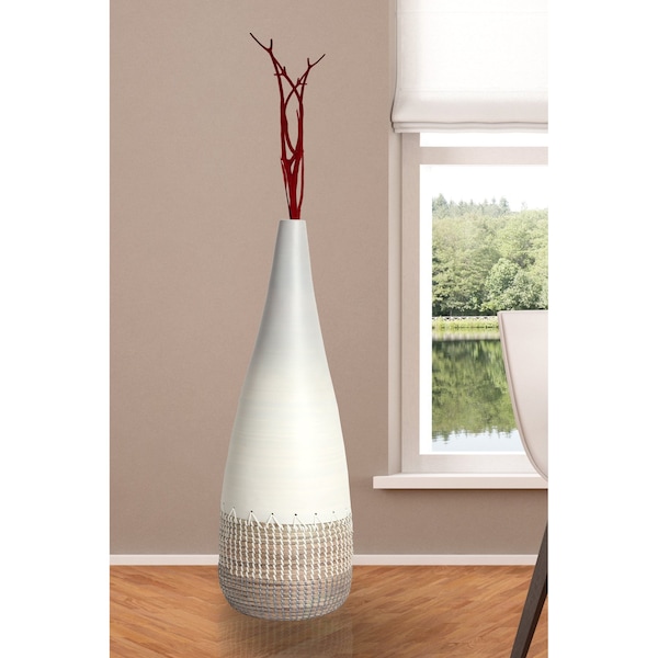 31.5 Spun Bamboo And Coiled Seagrass Patterned Vase, White, Large